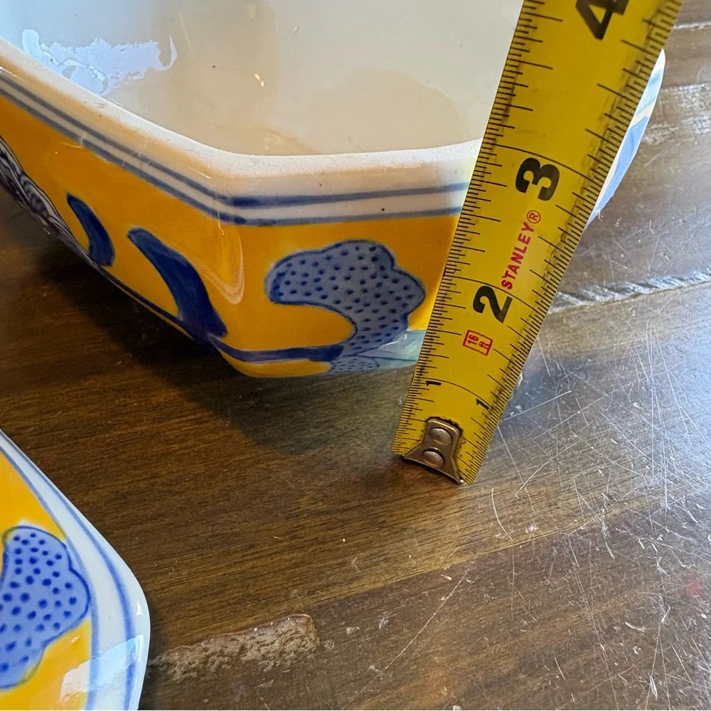 Vintage Blue Yellow Chinese Ceramic Box Jewelry Catchall Lid Trinket Lidded Bowl - Picture 9 of 11